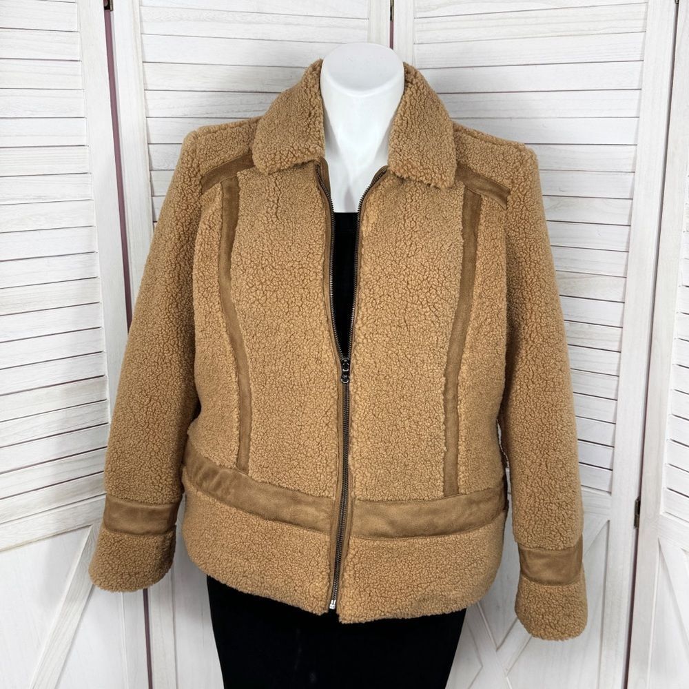 Isaac Mizrahi Coat Womens Large Tan Faux Sherpa Faux Suede Trim Teddy Zip Heavy